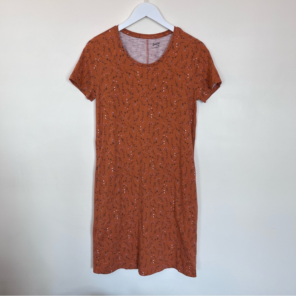 Duluth Trading Co. Women's Go-To T-Shirt Dress Floral Orange Small Stretch Shift